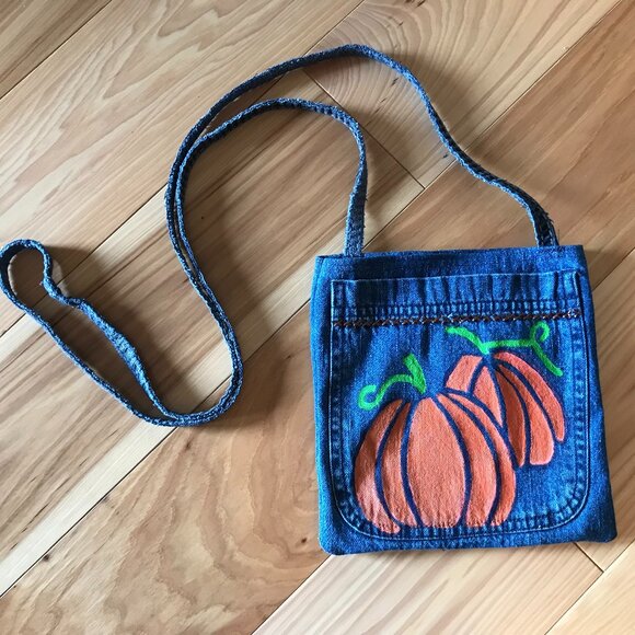 Handmade Crossbody Bag: Recycled Denim Cell Phone Holder, Autumn Painted Pumpkin - Picture 10 of 11